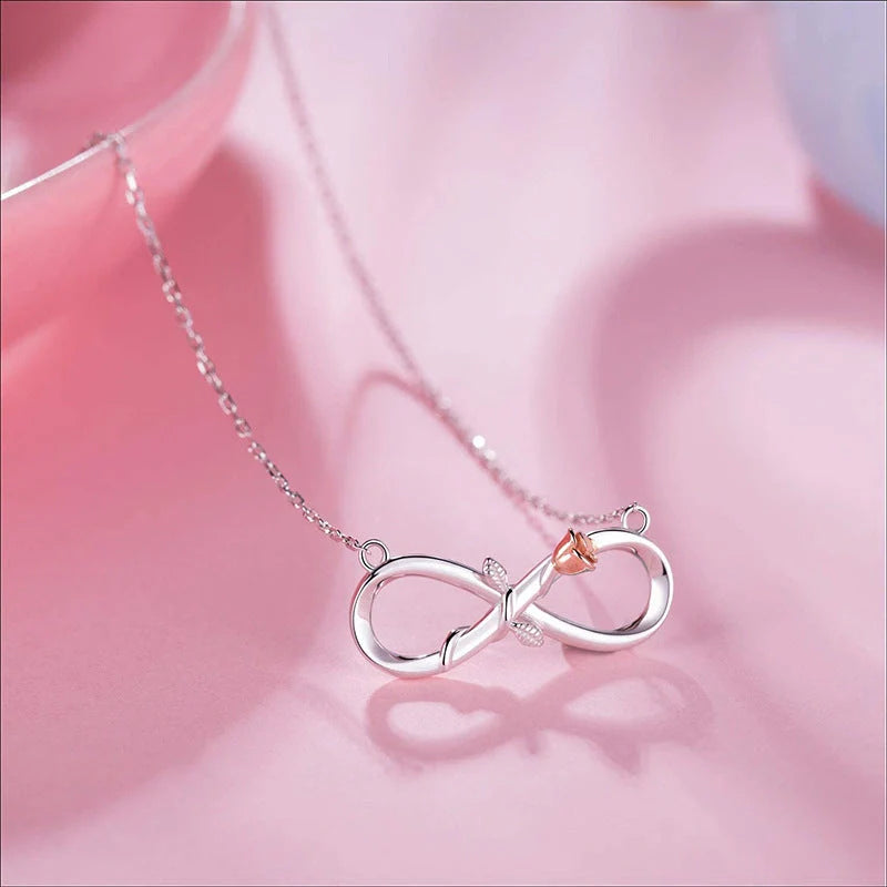 Double Fair Infinity Symbol Rose Necklace in S925 Silver with adjustable length