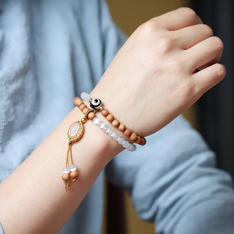 Sandalwood and opal Tibetan beads bracelet with double ring design in retro style