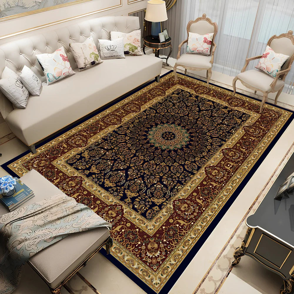 Rectangular Persian floral carpet with machine-woven polyester construction in modern design