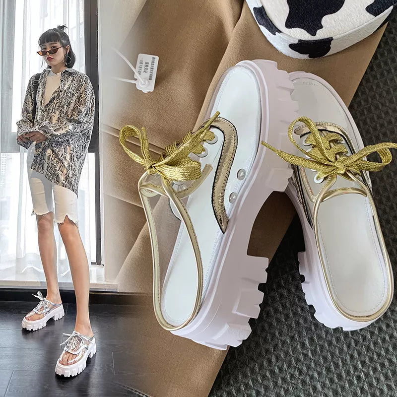 Baotou Platform Lazy Shoes in gold and silver, first layer cowhide, microfiber leather lining