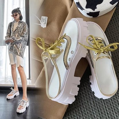Baotou Platform Lazy Shoes in gold and silver, first layer cowhide, microfiber leather lining