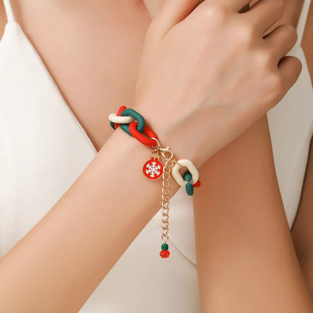 Festive Christmas Metal Chain Bracelet with Santa Claus and snowflake designs