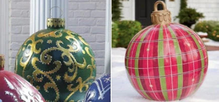 Vibrant, inflatable Christmas ornaments in various holiday designs for outdoor decoration