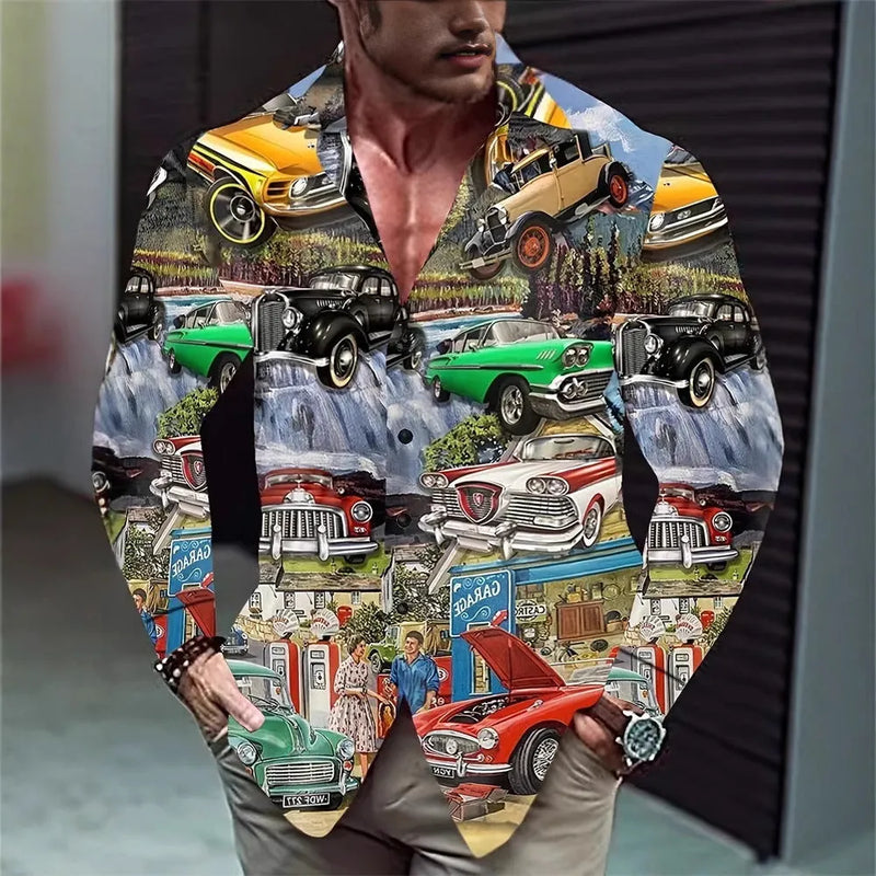 Hawaiian style men's long sleeve shirt in a loose cardigan cut made from four-sided stretch polyester fibre, available in floral patterns and a comprehensive size range from XS to 5XL, suitable for casual leisurewear