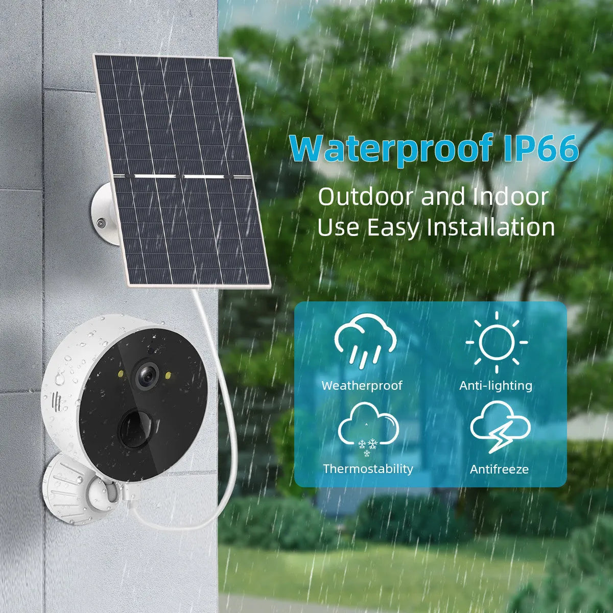 Solar-powered outdoor security camera with solar panel, 1080P resolution, and low power consumption design