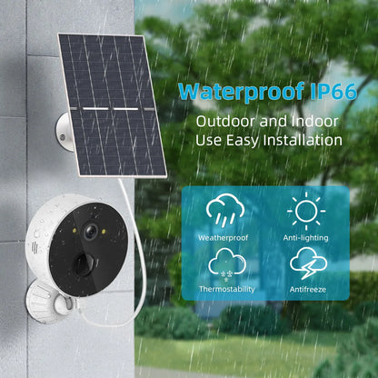 Solar-powered outdoor security camera with solar panel, 1080P resolution, and low power consumption design