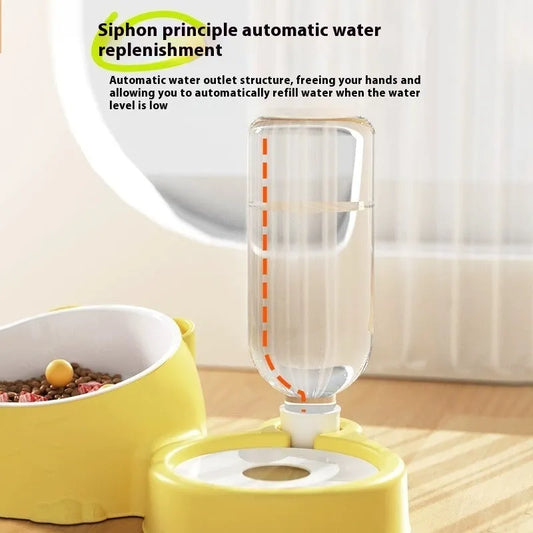 Green automatic pet basin with stainless steel water bowl and ceramic food dish on kitchen floor
