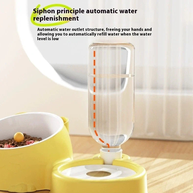 Green automatic cat water basin with two stainless steel bowls on ceramic base