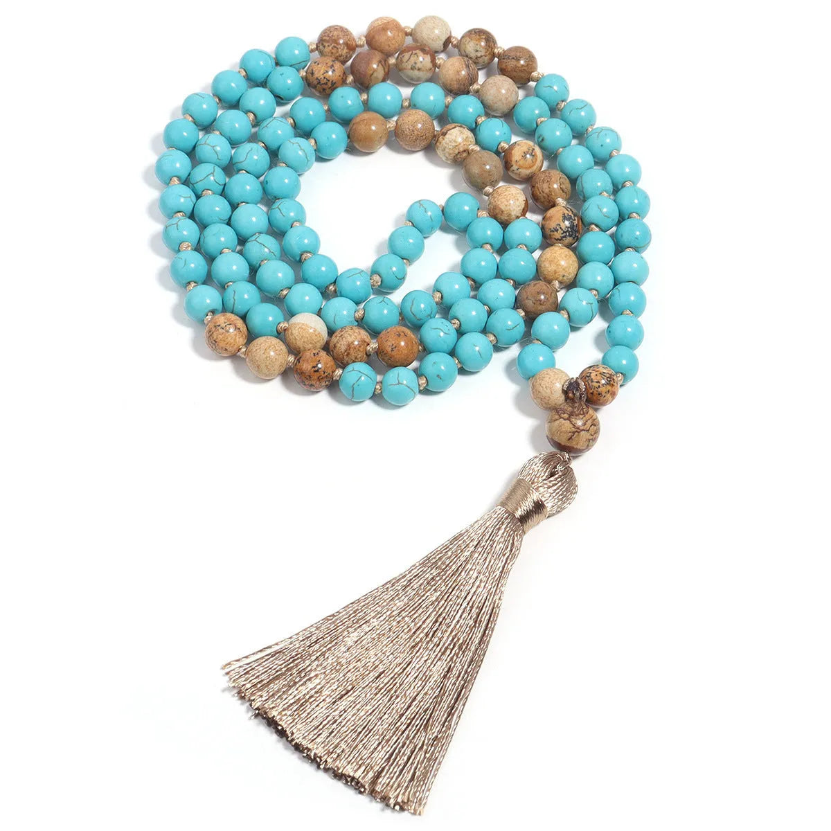 Handmade vintage turquoise painted stone geometric mala necklace with 81cm ball bead chain