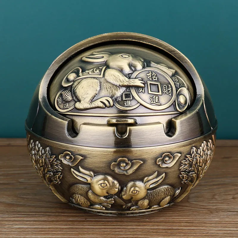 Alloy ashtray with smoke extinguishing slot in bronze finish, featuring Dragon and Phoenix motif, S size