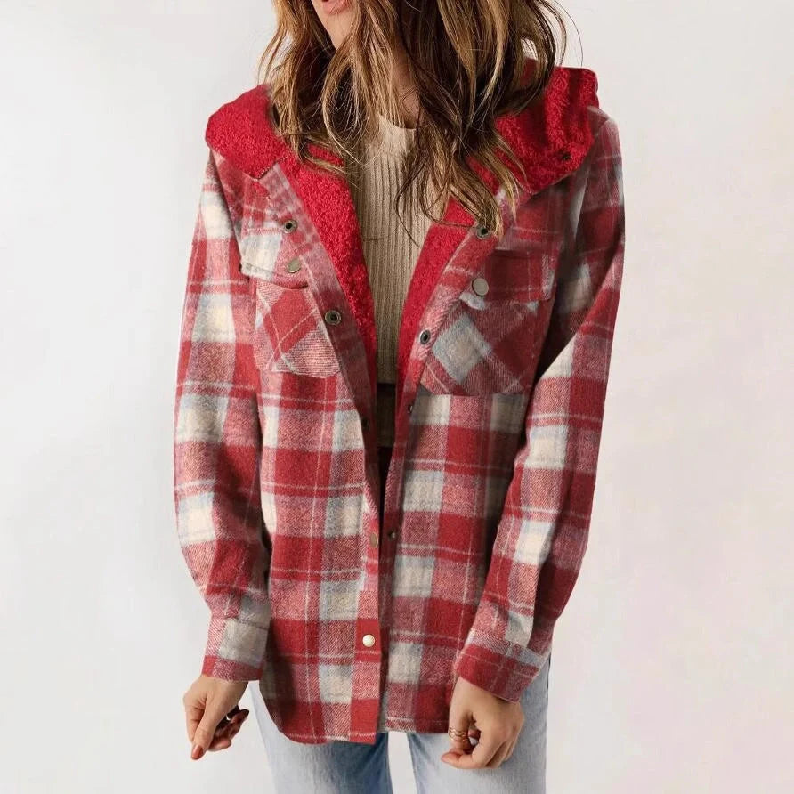 Casual Plaid Hooded Woolen Coat with fleece lining in various colors