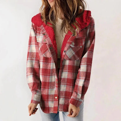 Casual Plaid Hooded Woolen Coat with fleece lining in various colors