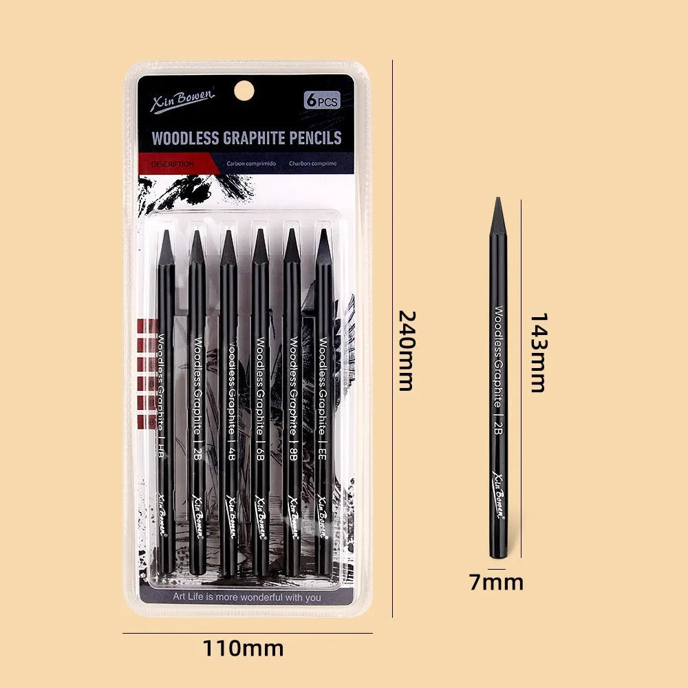 Wood-free graphite sketching pencils in six hardness grades: HB, 2B, 4B, 6B, 8B, EE with solid graphite cores