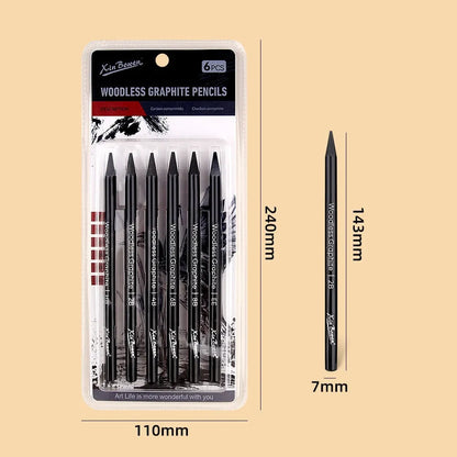 Wood-free graphite sketching pencils in six hardness grades: HB, 2B, 4B, 6B, 8B, EE with solid graphite cores