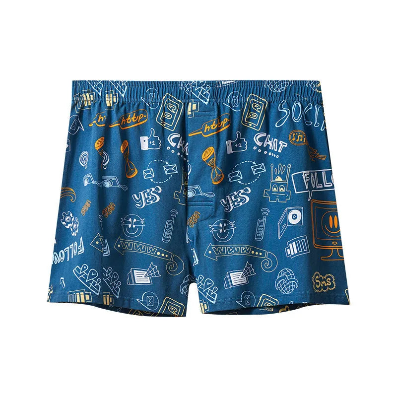 Men's cotton boxer shorts with graphic patterns including character designs and floral motifs