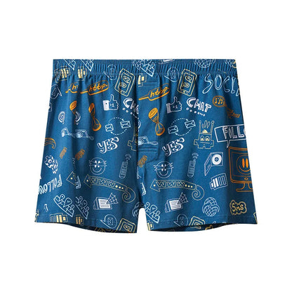 Men's cotton boxer shorts with graphic patterns including character designs and floral motifs