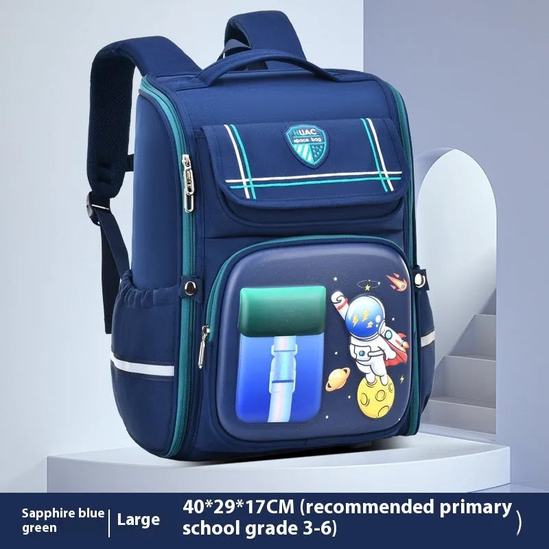 Children's cartoon backpack with airpillow straps in rabbit pink colour showing size comparison