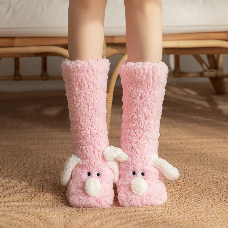 Cozy cartoon dog socks in various colors featuring plush, non-slip designs for comfortable winter wear