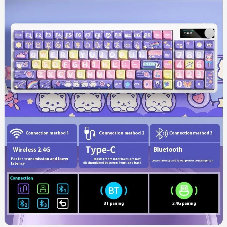 Mechanical keyboard with black iron cow full key layout, ABS material casing, 397mm x 134mm size, and 1.5m cable length, offering a three-mode connection via RGB backlight and five-side sublimation keycaps for laptops and computers.