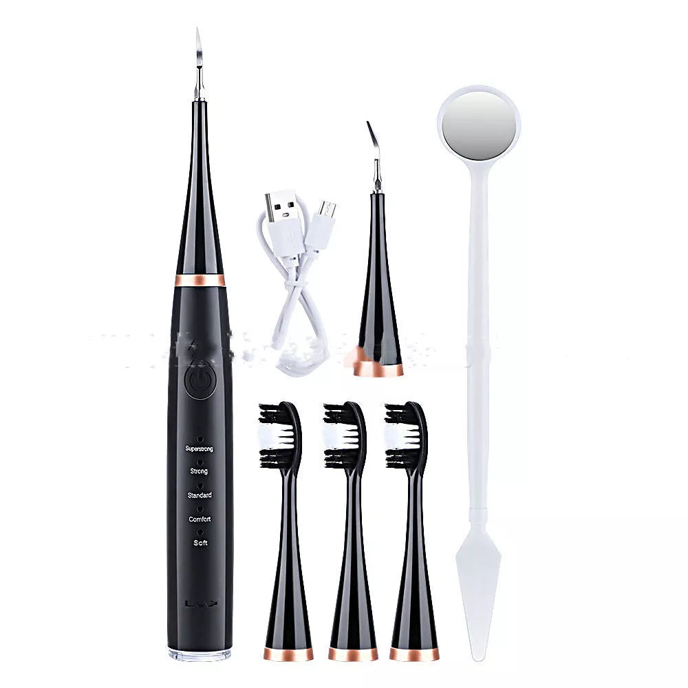High-frequency electric toothbrush in white and black, with USB charging cable and brush heads