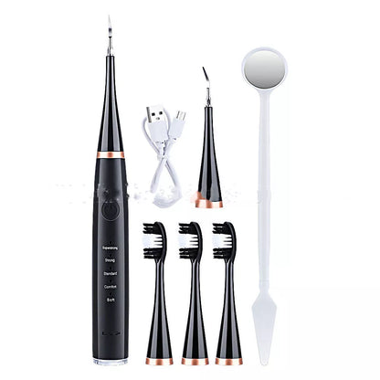 High-frequency electric toothbrush in white and black, with USB charging cable and brush heads