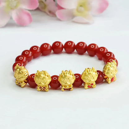Red agate Five Blessing Dragon bracelet with 8mm beads in Chinese style