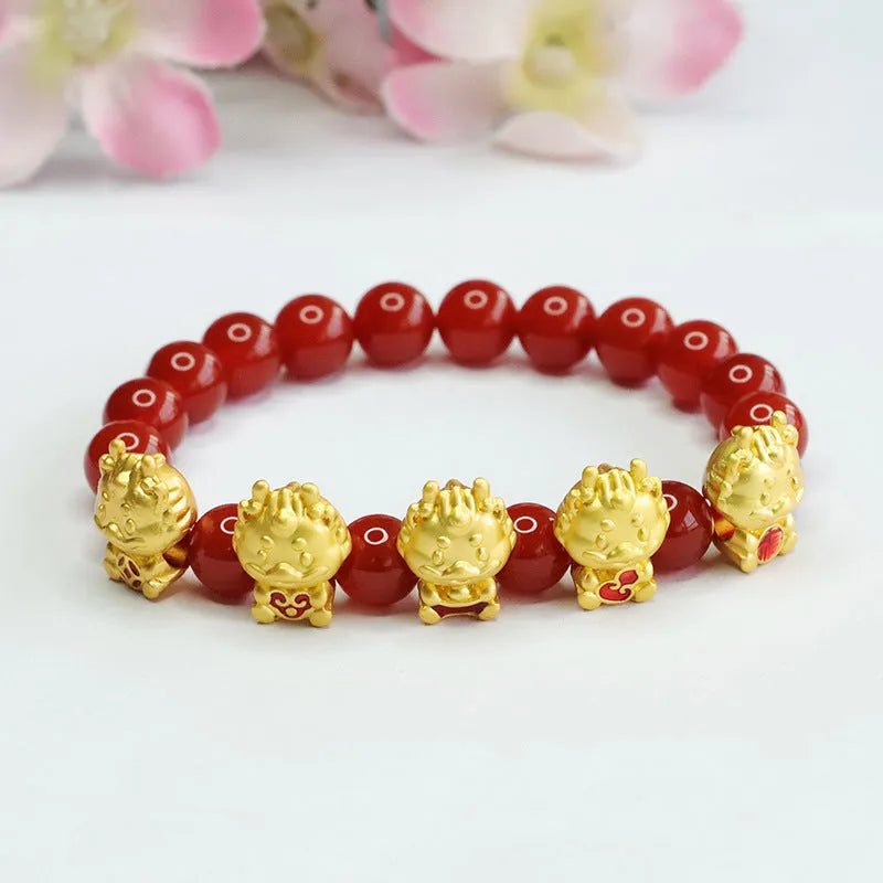 Natural Red Agate Bracelet, Five Blessing Dragon Bracelet, 8mm bead size, Chinese style jewellery, men's or women's spiritual jewellery, Buddhist bracelet, mindfulness accessory