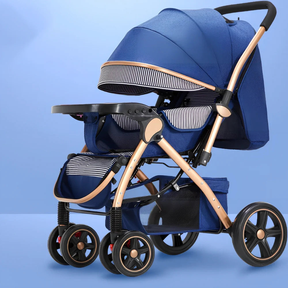 Baby stroller gift box in local gold frame with khaki blended fabric and 20cm rubber rear wheels for newborn use