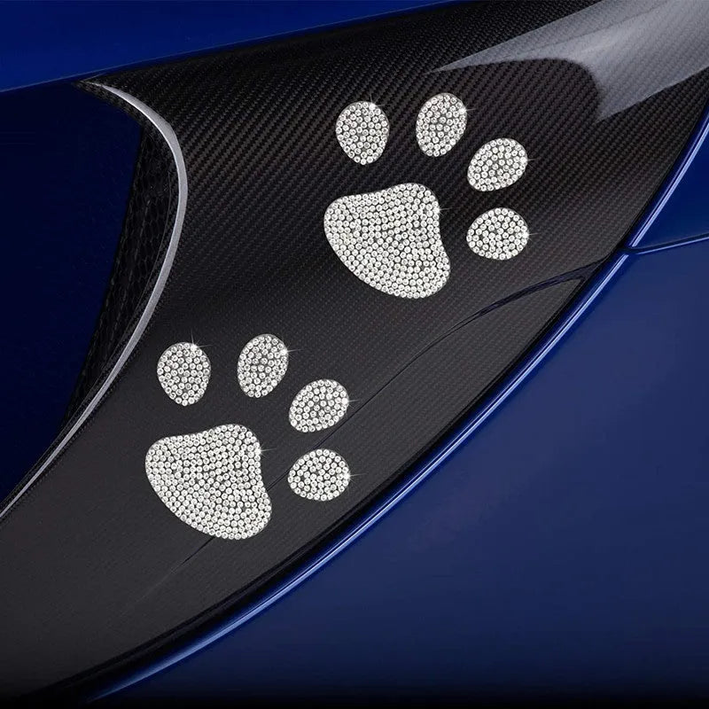 7x6cm diamond-encrusted glass car sticker showing butterfly and bear paw designs with strong adhesion backing