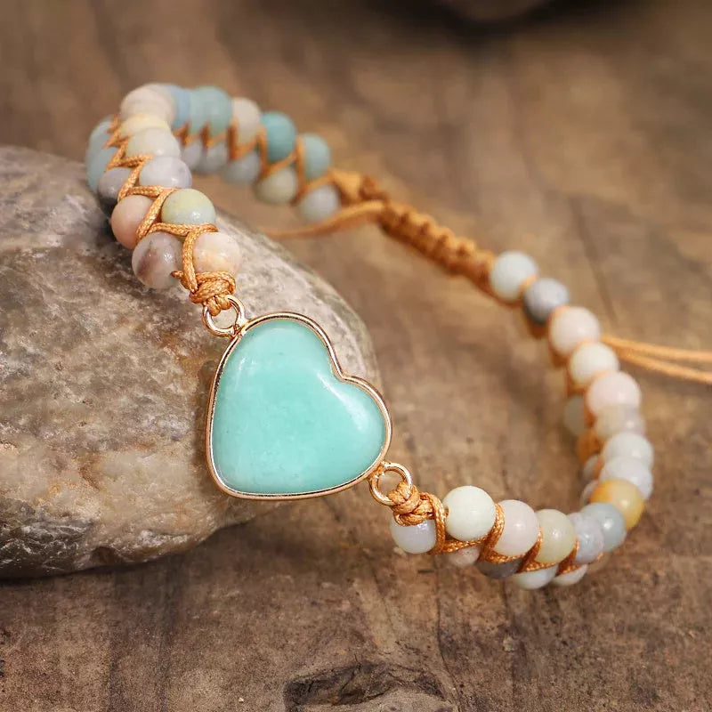 Adjustable heart charm bracelet with blue-green amazonite stones and braided macrame wristband