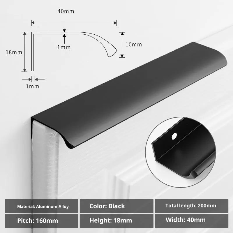No-drill hidden cabinet handle in aluminium alloy, black or gold, long pull for wardrobe or kitchen door