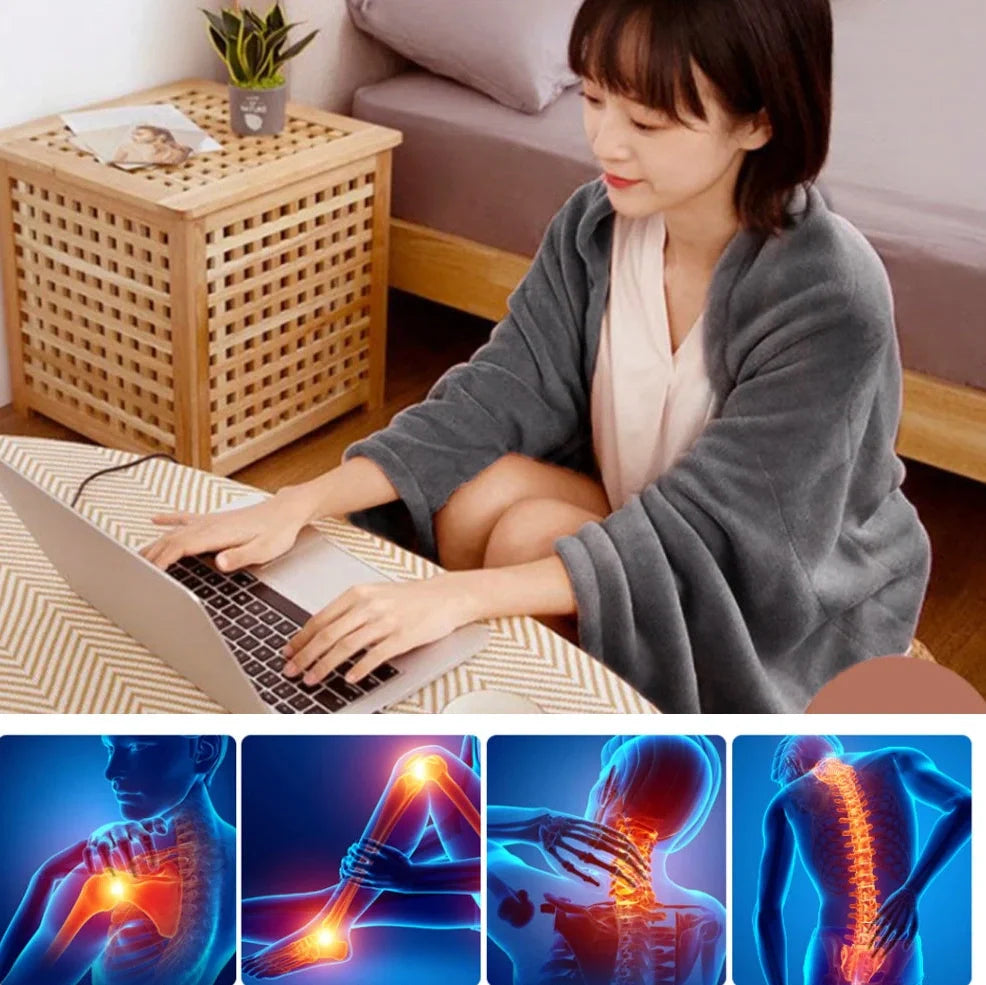 Grey tweed electric heating blanket showing 150cm width and UK plug compatibility