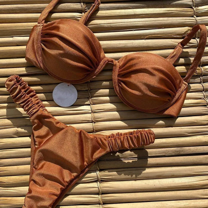 Women's underwire bikini swimsuit with split briefs design in khaki colour showing spandex lining construction