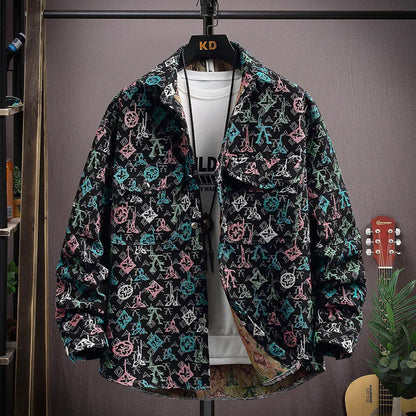 Personality casual lapel shirt coat with straight hem and long sleeves in colour 526 Black, size M to 4XL for weights 40-92.5 kg