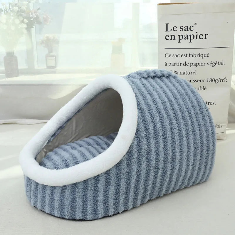 Macaron-shaped thickened cloth cat bed cage in pink, shown in a three-dimensional nest design.