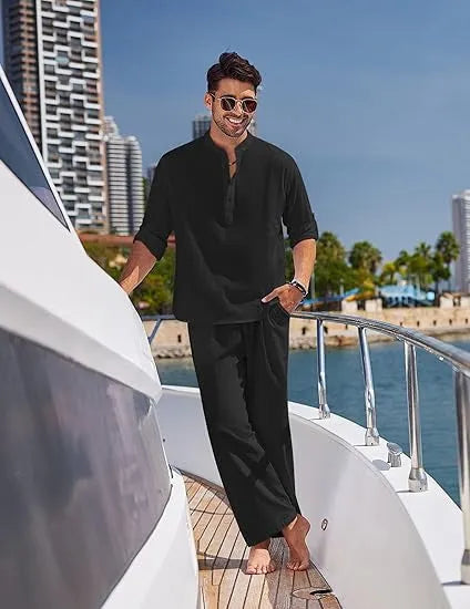 Men's casual cotton long sleeve trousers suit in solid colours on a hanger.