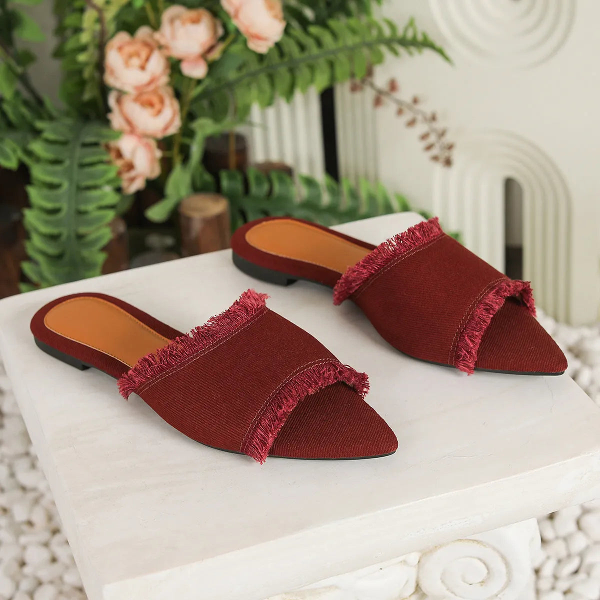 Women's denim casual slippers with tassel detail in various colours