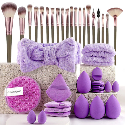 Hydrophilic non-latex beauty tools makeup brush set in pink, brown, or purple colour options