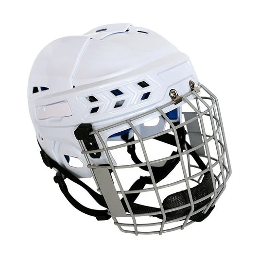 Ice hockey helmet with carbon steel face mask and cushioned lining for head protection in sports
