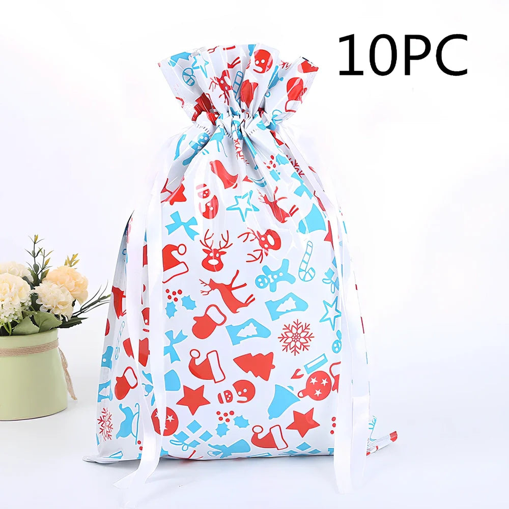 Christmas gift bag with drawstring closure in laser gold finish, 32x24cm dimensions