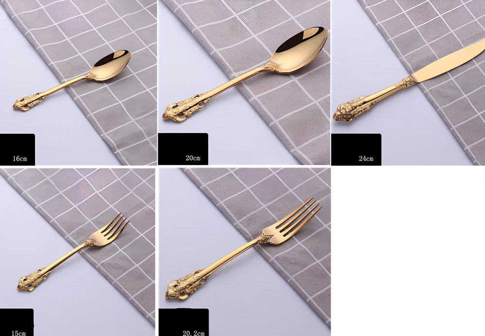 Four-piece stainless steel cutlery set showing main knife, fork, spoon, and teaspoon with mirror finish
