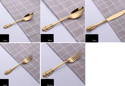Four-piece stainless steel cutlery set showing main knife, fork, spoon, and teaspoon with mirror finish