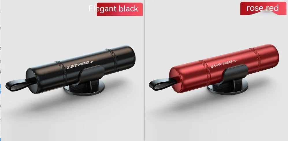 Aluminium alloy car safety hammer with cutting blade in black, red, and silver colour options