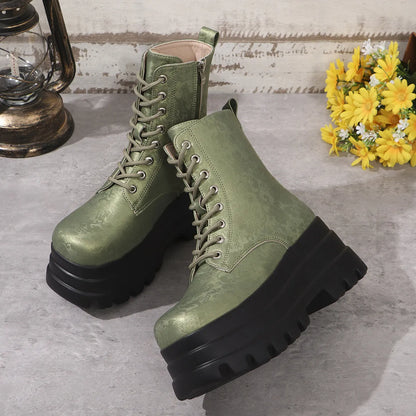 Women's black platform boots with chunky heel, round toe and side zipper