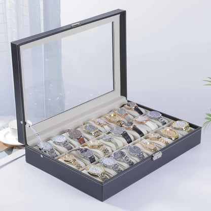 Grey high-grade leather watch storage box with transparent lid showing multiple watch compartments.