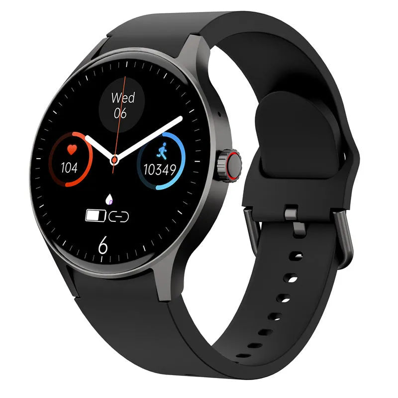 Smart sport watch with round touch screen shown in multiple colour options.