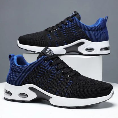 Men's Flyknit mesh casual sneakers in black and blue colour with round toe and lace-up front