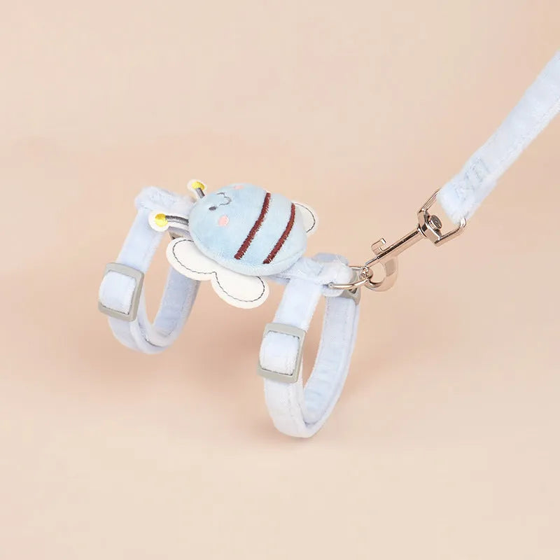 Adjustable teddy bee shaped polyester cat leash in pink, yellow and blue colours