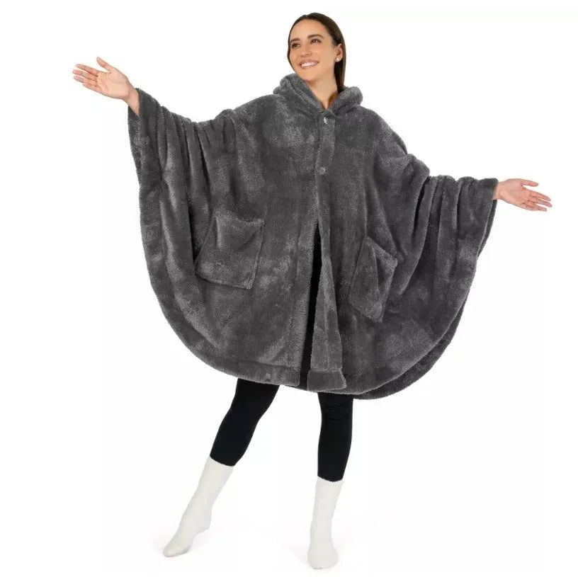 Thick hooded cloak bathrobe in polyester available in black, dark grey and pink colours