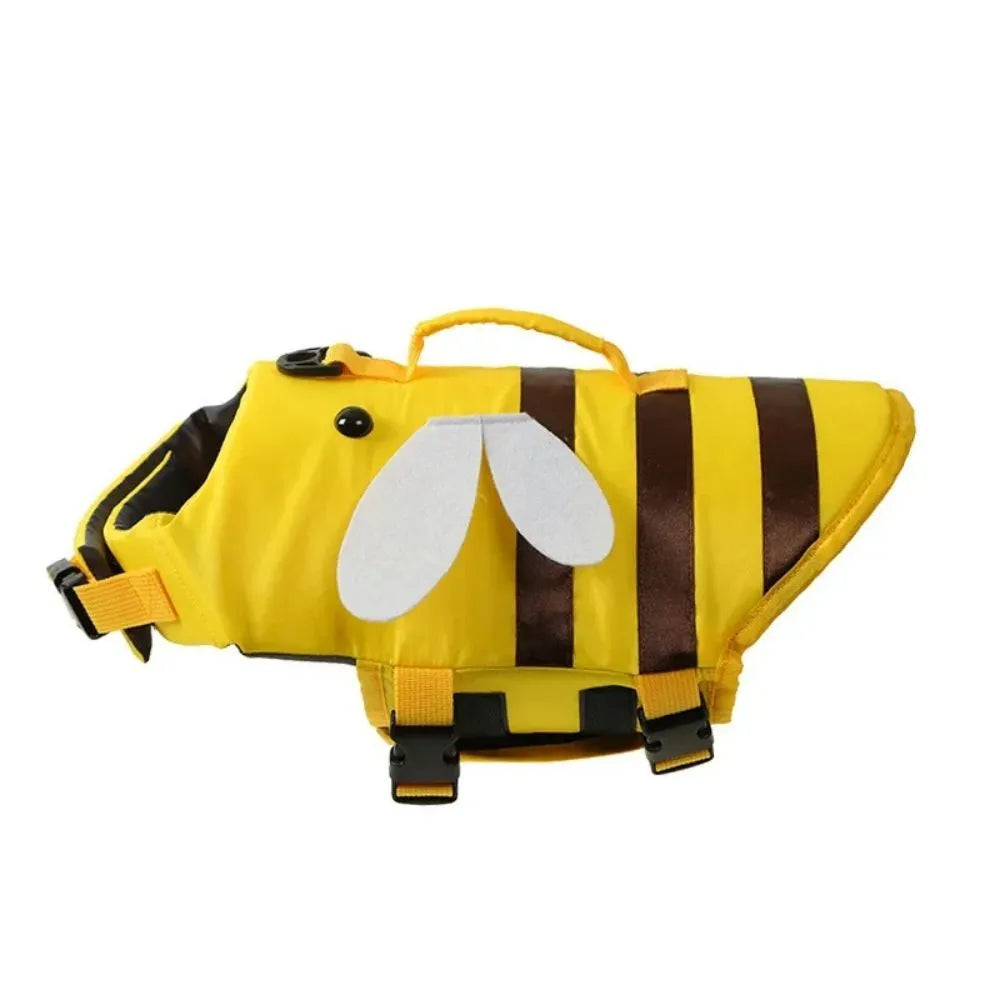 Green dog life vest with reflective strips and adjustable straps on a model.